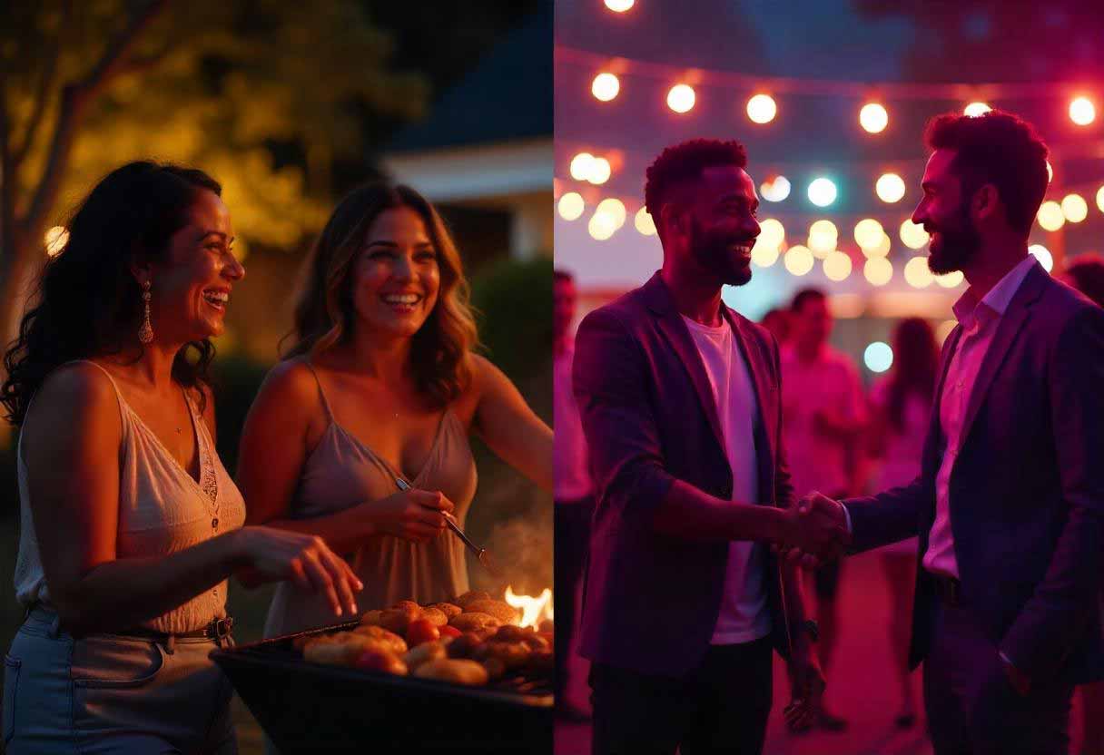 split style image of one with a group of friends laughing so hard, and the other are people handshaking and getting to know each other