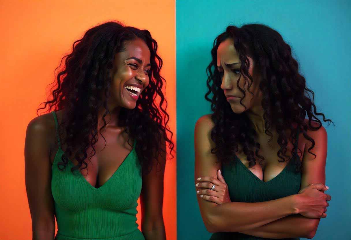 split style image of the same person, first image is laughing, 2nd image is sad