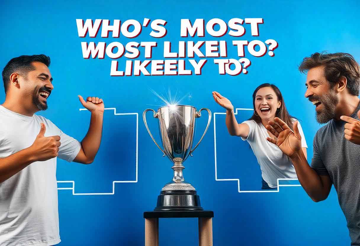 A colorful tournament bracket filled with “Who’s Most Likely To” elements—players laughing, pointing, and a trophy in the center.