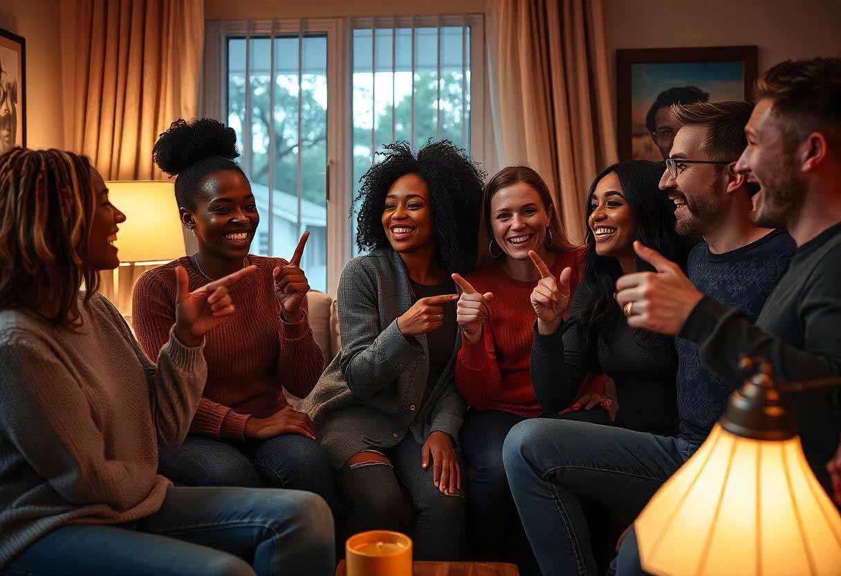 Friends laughing in a circle, fingers pointing playfully