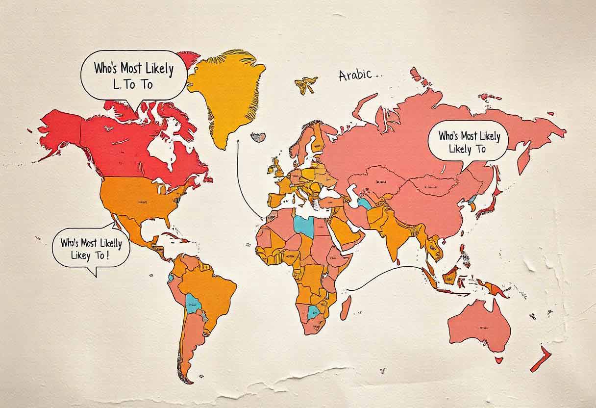 A vibrant world map illustration with speech bubbles showing translations of “Who’s Most Likely To” in languages like Spanish, Japanese, Arabic, and French.