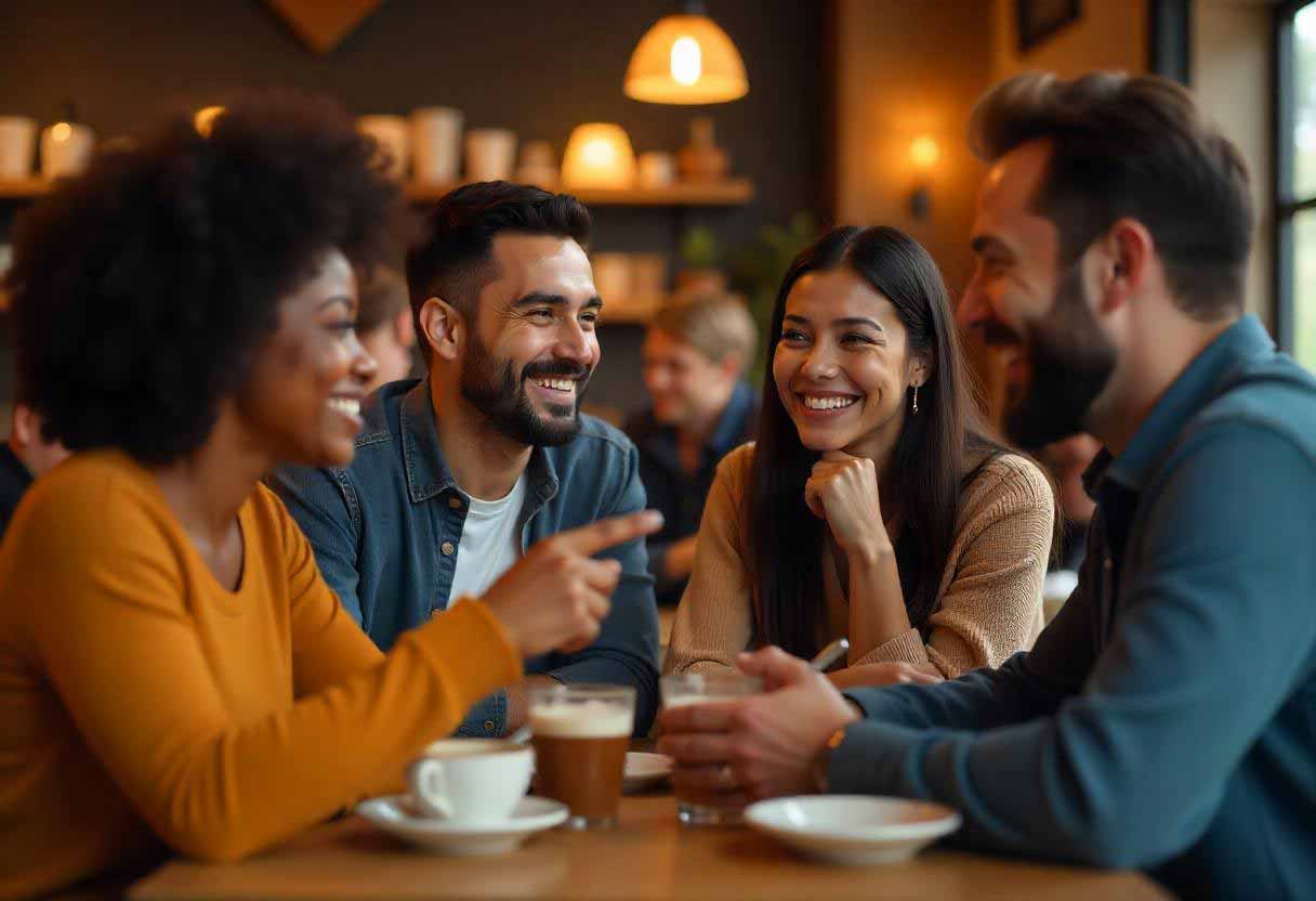 A warm, inviting photo showing a diverse group of people talking, pointing, and laughing together