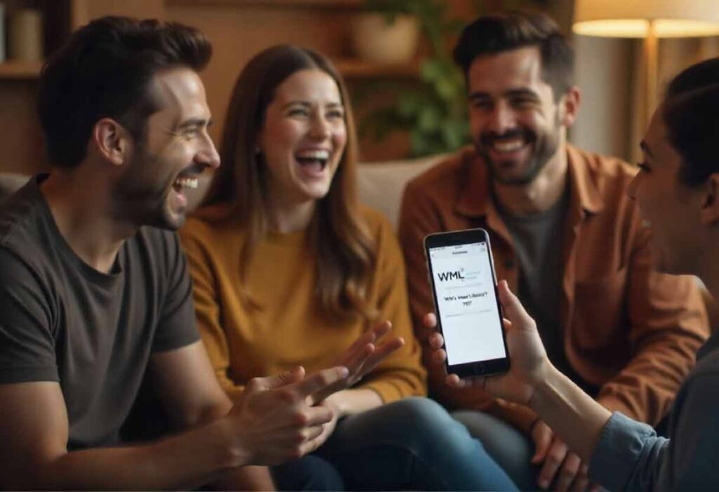 A group of friends or family laughing and reacting as a smart speaker reads out an AI-generated 'Who’s Most Likely' question. One person holds up a smartphone showing the WML app with the same question on screen. The setting is a cozy, modern living room with casual, playful energy and warm lighting.