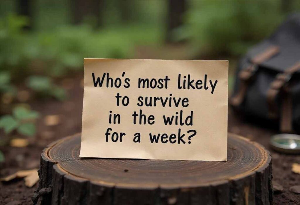 A card reading 'Who’s most likely to survive in the wild for a week?' placed in a forest setting with camping gear nearby.