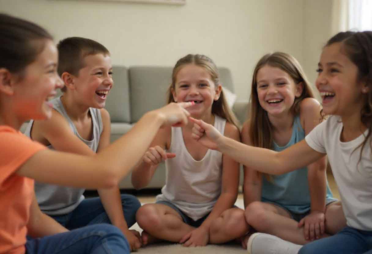 Kids or teens pointing and laughing in a circle