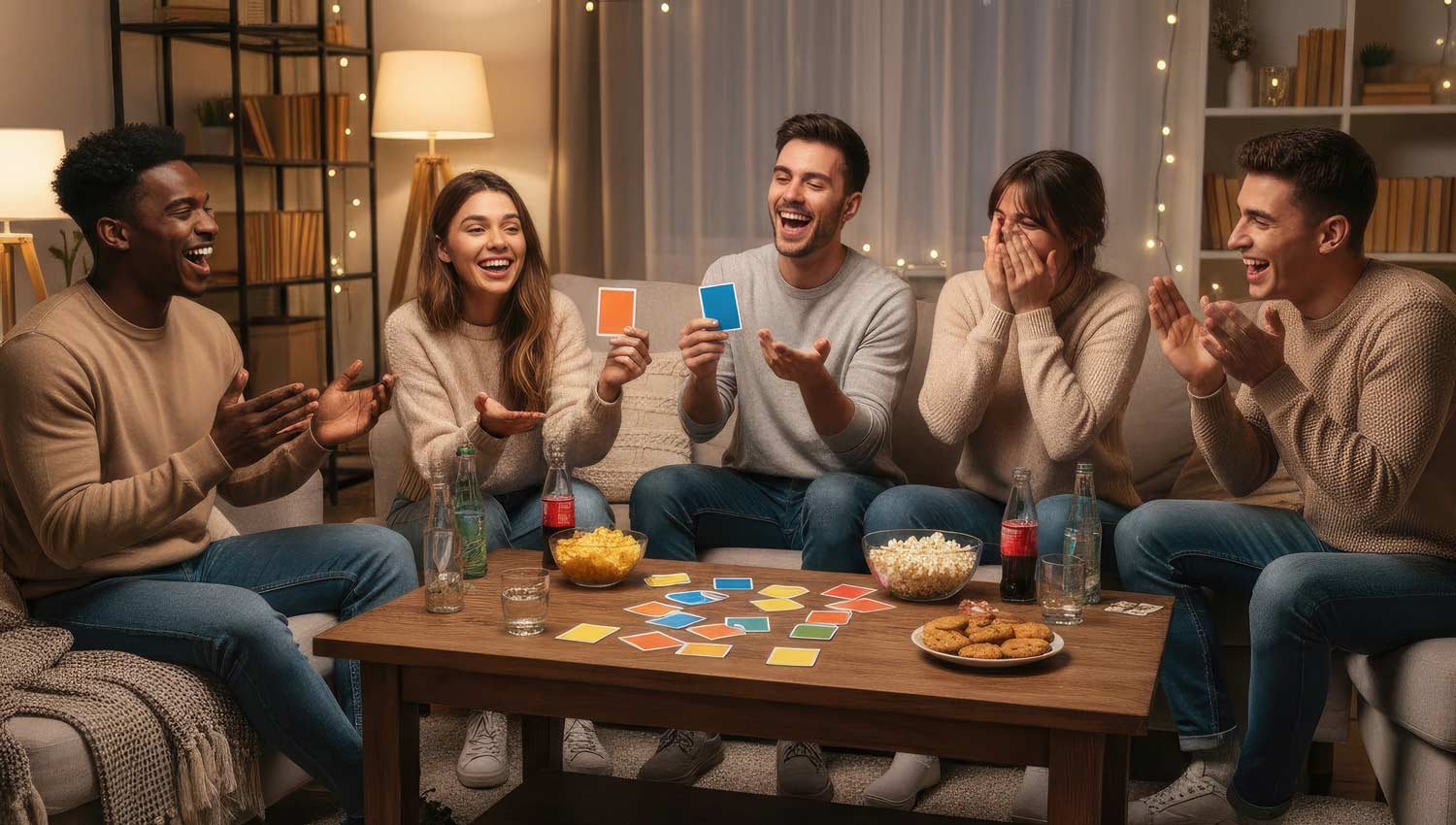 Friends playing Who’s Most Likely To during a relaxed night in.