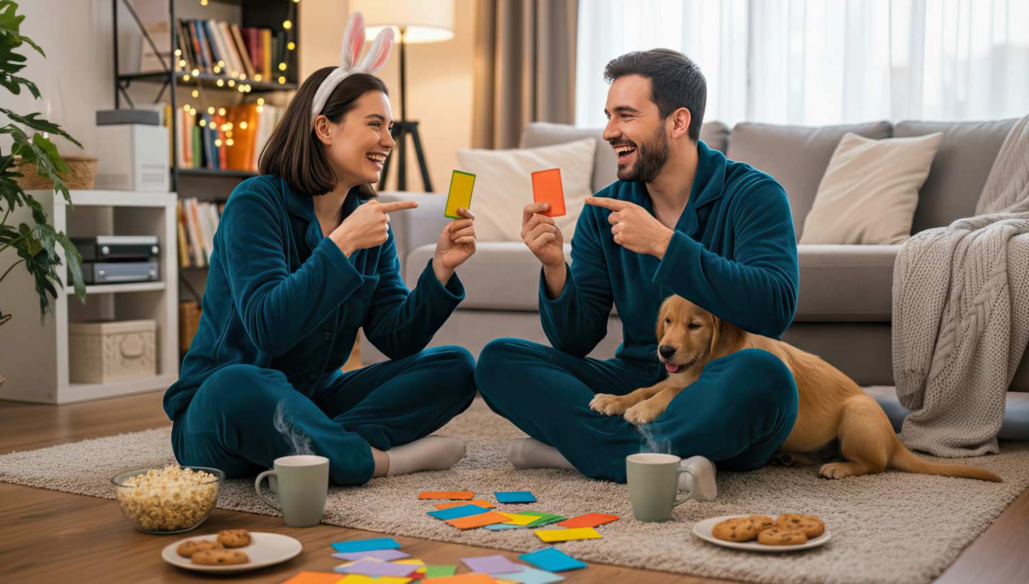 Couple playing Who’s Most Likely To Real Talk edition at home.
