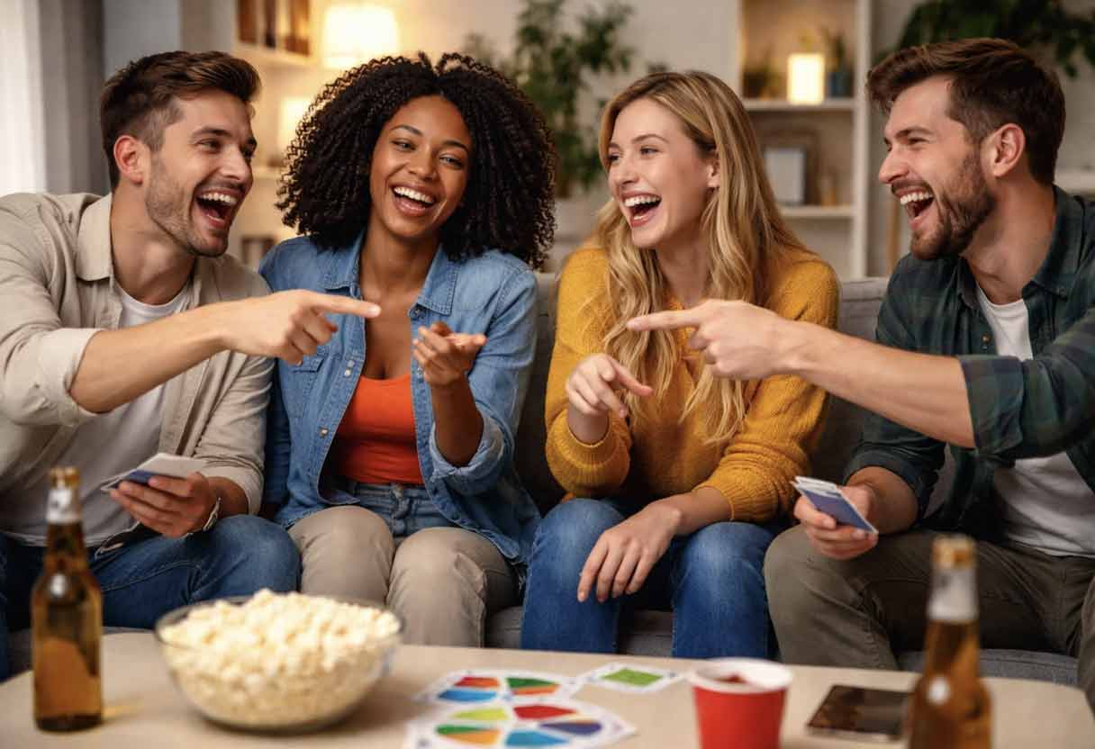 Friends laughing on a couch while pointing at each other — “Friends laughing while playing a simple party game together.