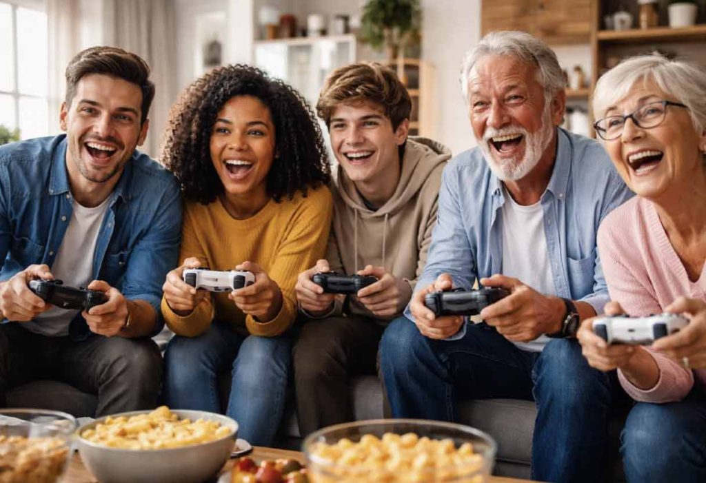 Friends of different ages playing the same game.